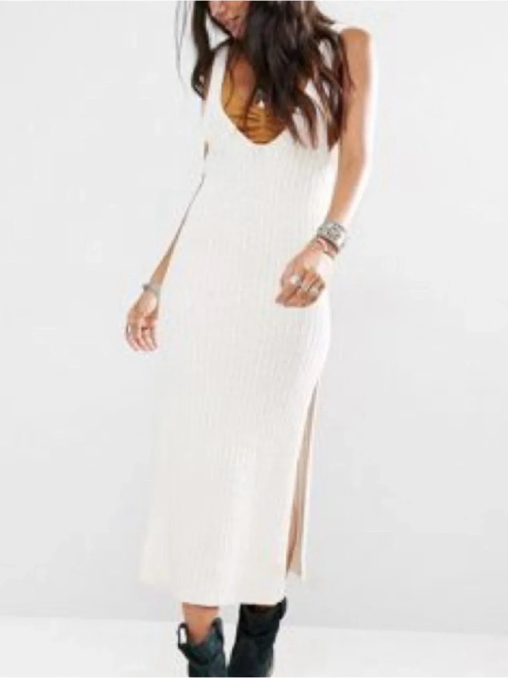 Free People Cream Ribbed Midi Tank Sweater Dress